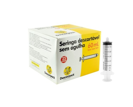 SERINGA DESCARTÁVEL BICO LUER LOCK SEM AGULHA - 60 ML - 25 UNID